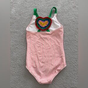 Mini Boden Pink Striped Swimsuit with Rainbow Heart